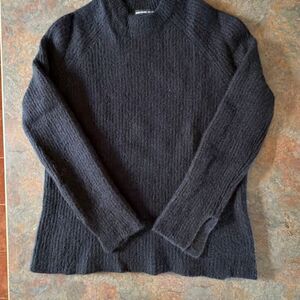 James Perse Los Angeles Cashmere Navy Funnel Neck Ribbbed Sweater with Raglan Sl